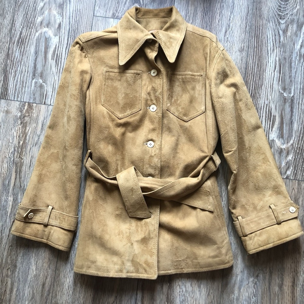Vtg 70s Calvin Klein Suede Jacket Belted Coat Dagger Collar Tan Size 8